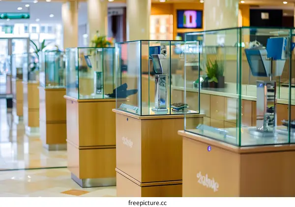Glass Display Cases With Wooden Bases In A Retail Store