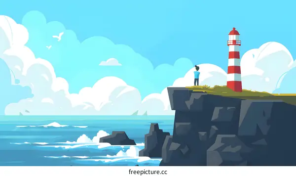 Man Standing on Cliff Overlooking Sea with Lighthouse in Background