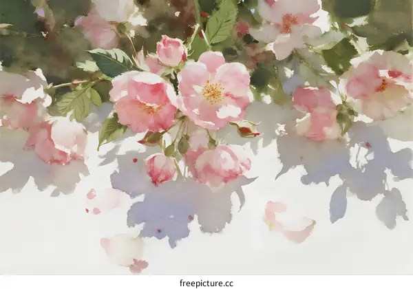 Beautiful Pink Cherry Blossoms with Fresh Green Leaves