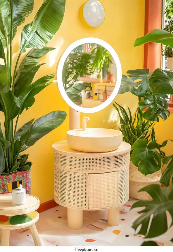 Modern Bathroom Vanity with Rattan Cabinet and Yellow Walls