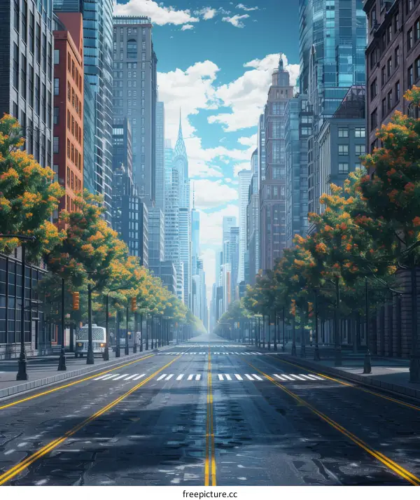 Empty City Street Illustration on a Sunny Day