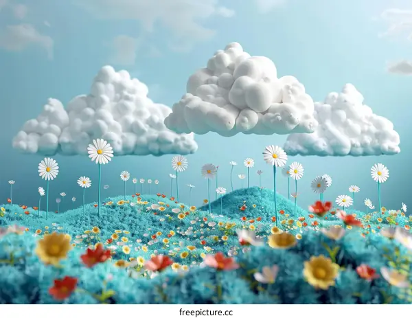 A Whimsical Springtime Meadow with Fluffy Clouds