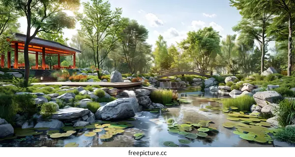 Chinese Courtyard Garden with Bonsai, Waterfall, and Stream