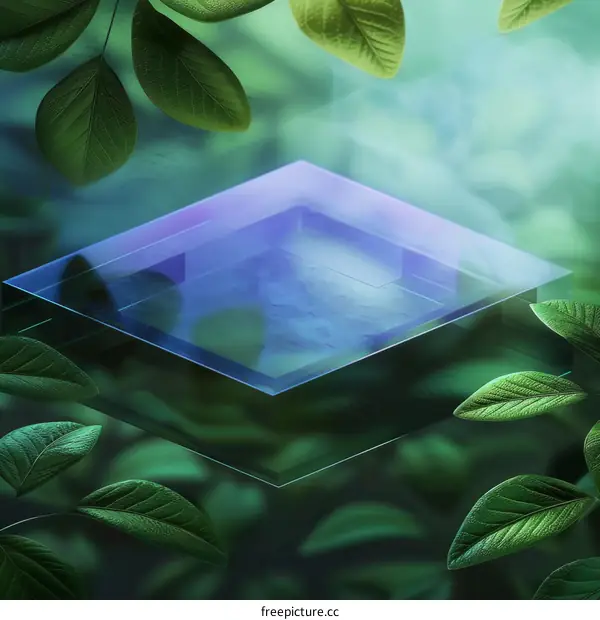 Transparent glass platform on a background of green leaves