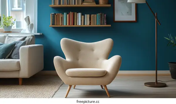 Cozy Living Room with Teal Walls and Light Beige Furniture