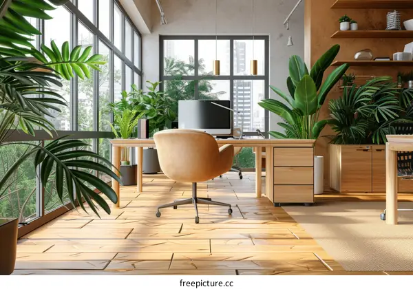 A modern office with a large windows and lots of plants
