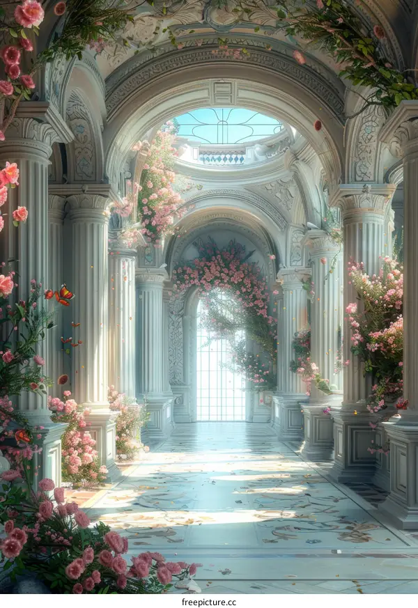 Pink Roses and Butterflies in a White Marble Courtyard