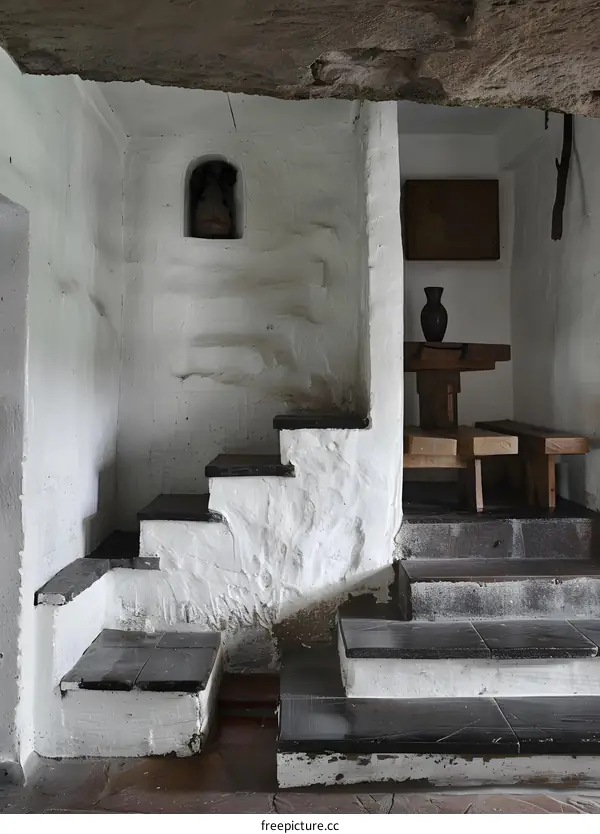 Stone Steps and Niche in a Rustic Interior