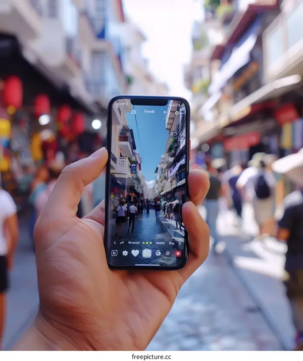 Hand Holding Smartphone Taking Photo of City Street with People