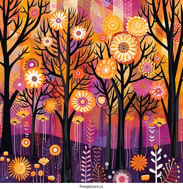 Abstract Illustration of a Forest with Colorful Flowers