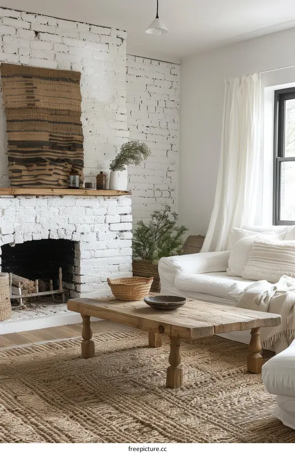 A minimalist living room with a fireplace and a jute rug