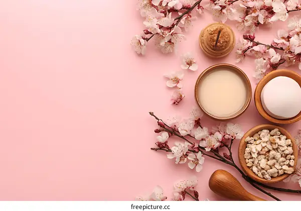 Pink Background With Flowers And Natural Beauty Products
