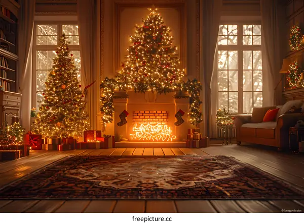 Christmas tree by the fireplace