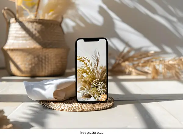 Modern Minimalist Phone Mockup with Dried Flowers