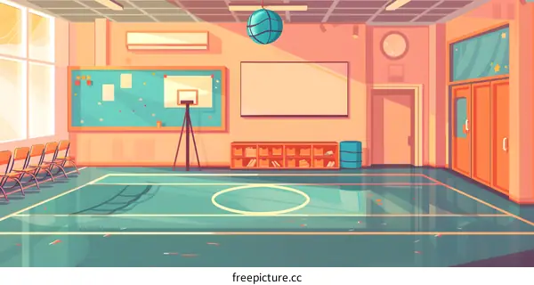 Cartoon Illustration of Empty Basketball Court in School Gym