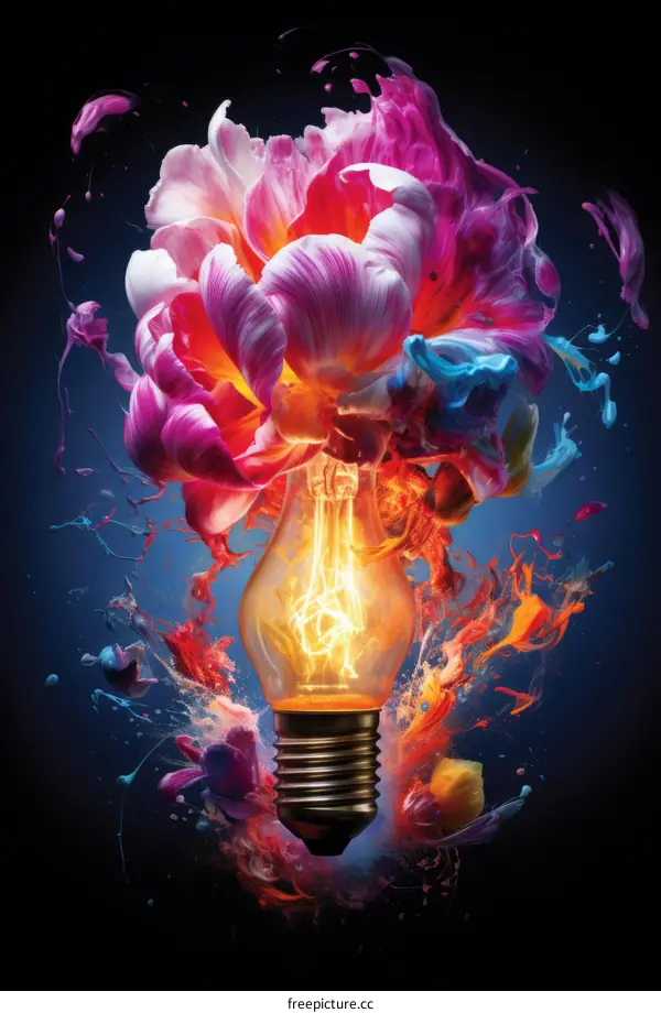 Light bulb with flower petals and colorful paint splatters