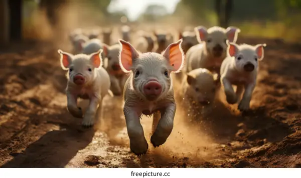 Piglets running in a field
