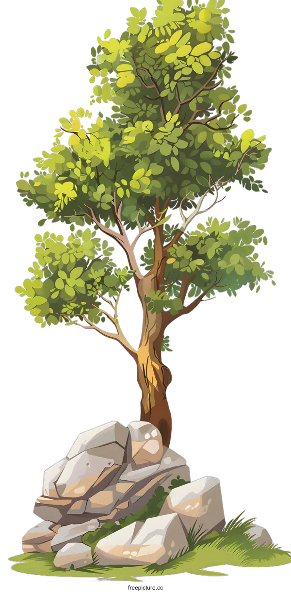 [Transparent Background PNG]Green Tree Growing From Rocks Illustration
