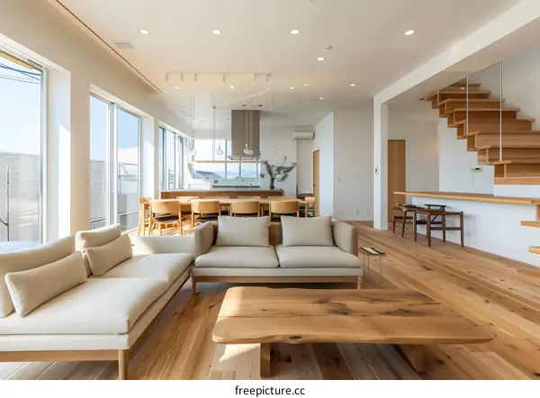 Modern Minimalist Living Room Interior Design With Wooden Flooring And Natural Light