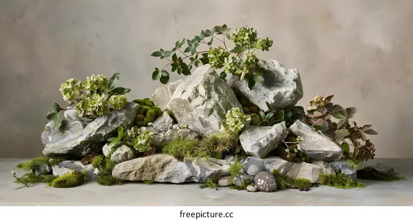 Nature Photography: Moss Covered Stones with Flowers