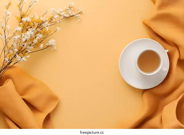 Coffee Cup With Flowers And Fabric On Yellow Background