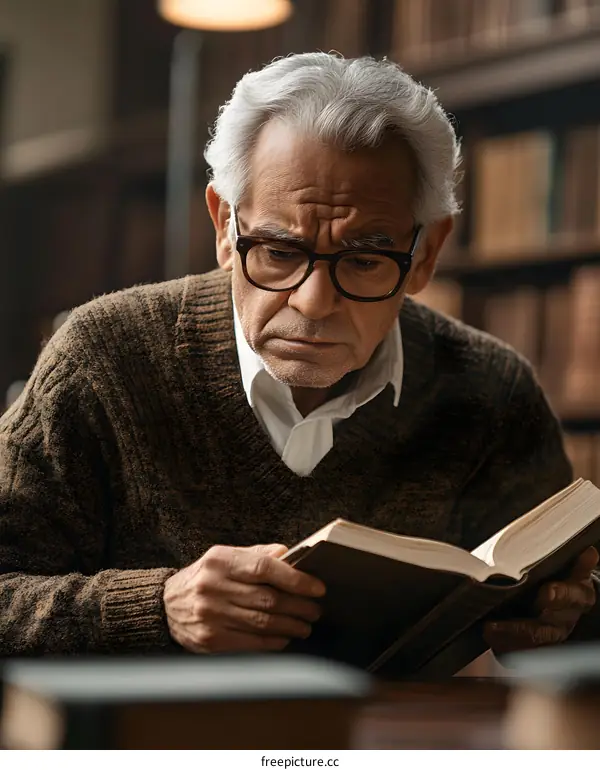 Elderly Man Reading Book in Library