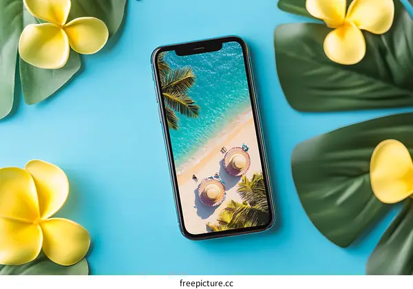 Smartphone Screen Displaying Tropical Beach Scene With Palm Trees