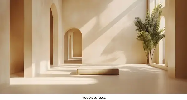 Minimalist Interior Design with Arched Hallway and Palm Tree