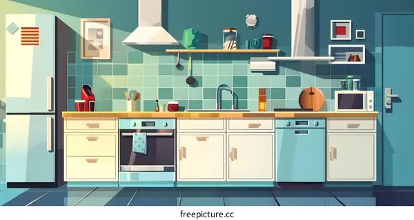 Modern Cartoon Kitchen Interior Design Illustration