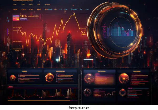 futuristic city illustration with glowing orange and blue lights and a digital interface