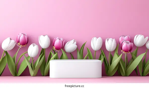 Pink Background with White Tulips and a Display Podium