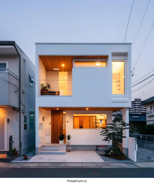 Modern White Two Story House with Wooden Accents and Balcony
