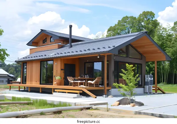 Modern Wooden House with Large Windows and a Deck