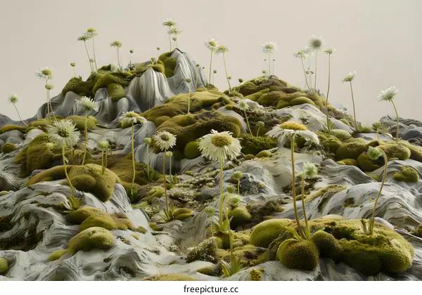 Closeup of Mossy Rock Formation with White Flowers