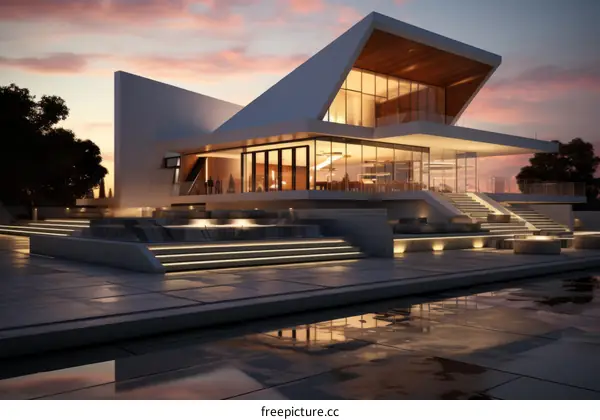 Modern House Exterior with Beautiful Sunset Glow