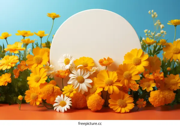 Orange and White Wildflowers with a White Circle on Blue Background
