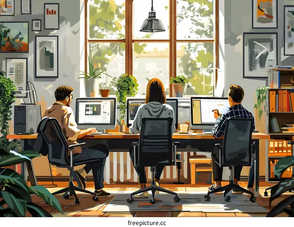 Three people working in an office