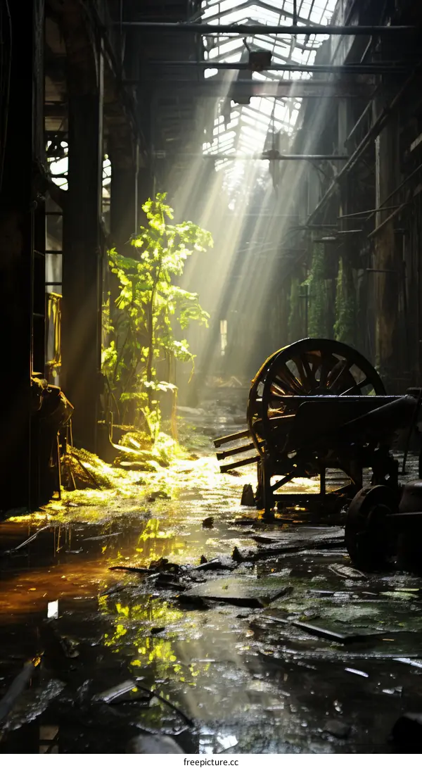 Sunlight shining through the roof of an abandoned factory