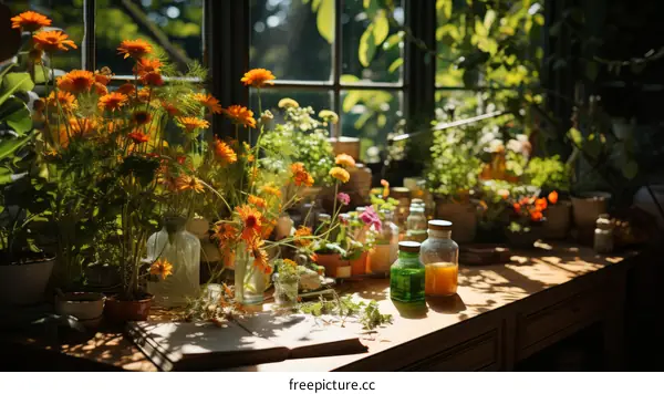 An illustration of a table with a vase of flowers, books, and other objects in front of a window
