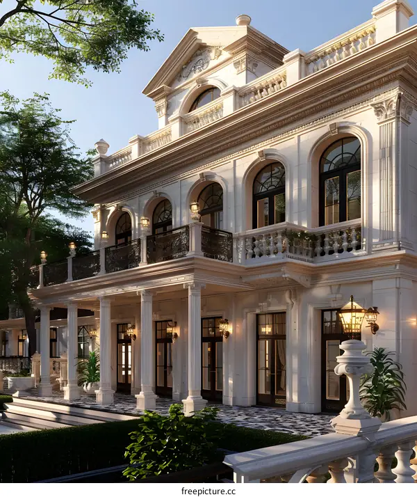Classic Style Mansion With Marble Columns And Balconies