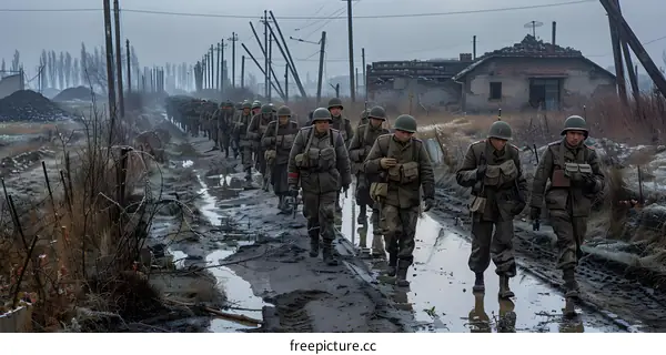 A group of soldiers walking through a muddy field during the war