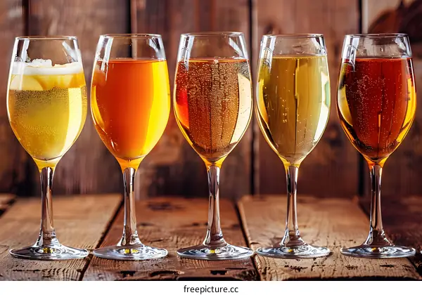 Five Different Types of Cider In Wine Glasses On A Wooden Background