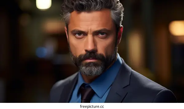 A man with dark hair and a beard wearing a suit and tie