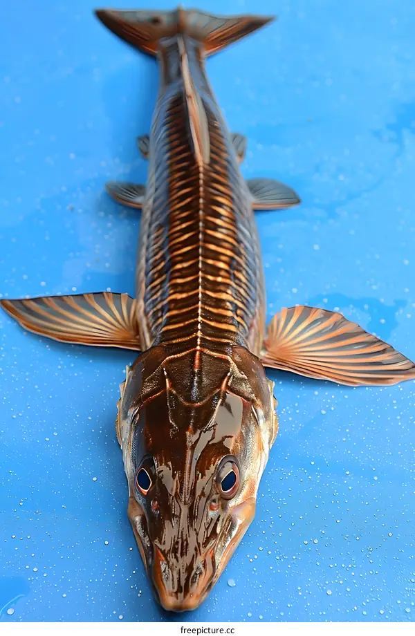 A close up of a fish with a long, eel-like body and large fins.