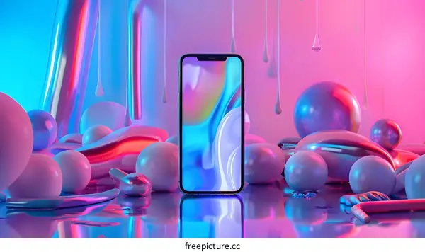 Abstract Phone Background with Neon Lights and Colorful Spheres