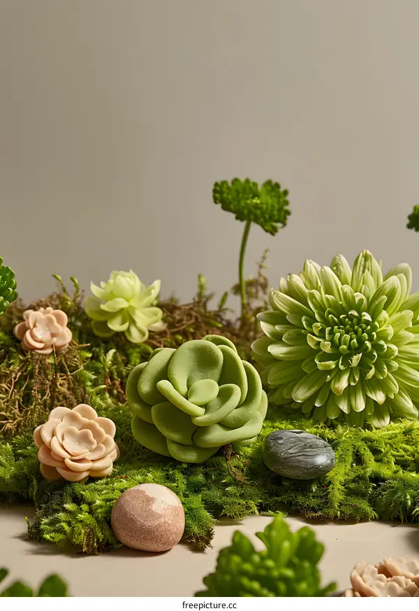 Green Succulents and Moss on Neutral Background