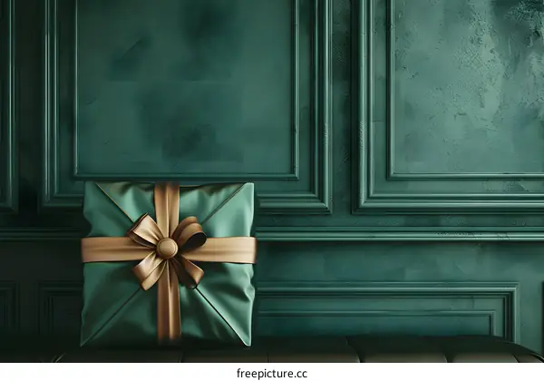A golden gift box with a golden ribbon on a green velvet background
