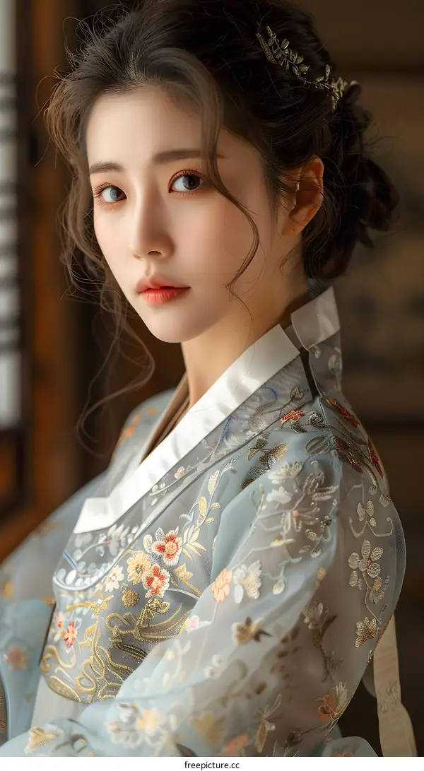 Portrait of a young woman in traditional Korean dress, or Hanbok
