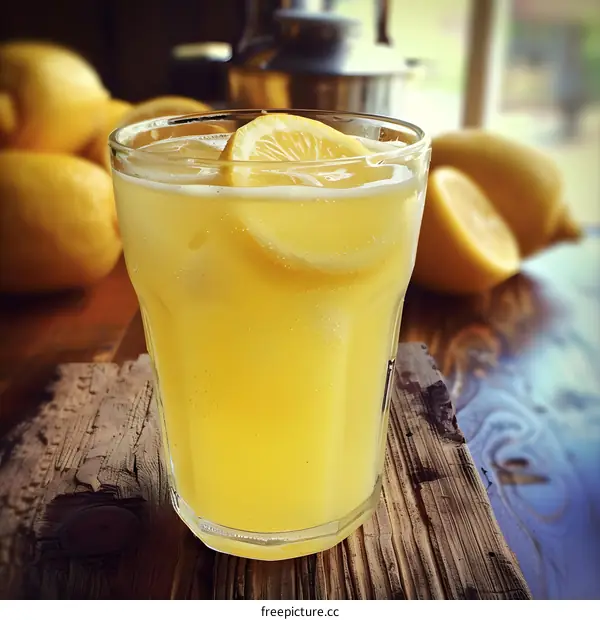Glass of Lemonade with Lemon Slices on Wooden Table