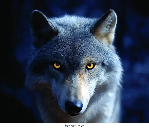 Close-up Portrait of a Majestic Gray Wolf at Night